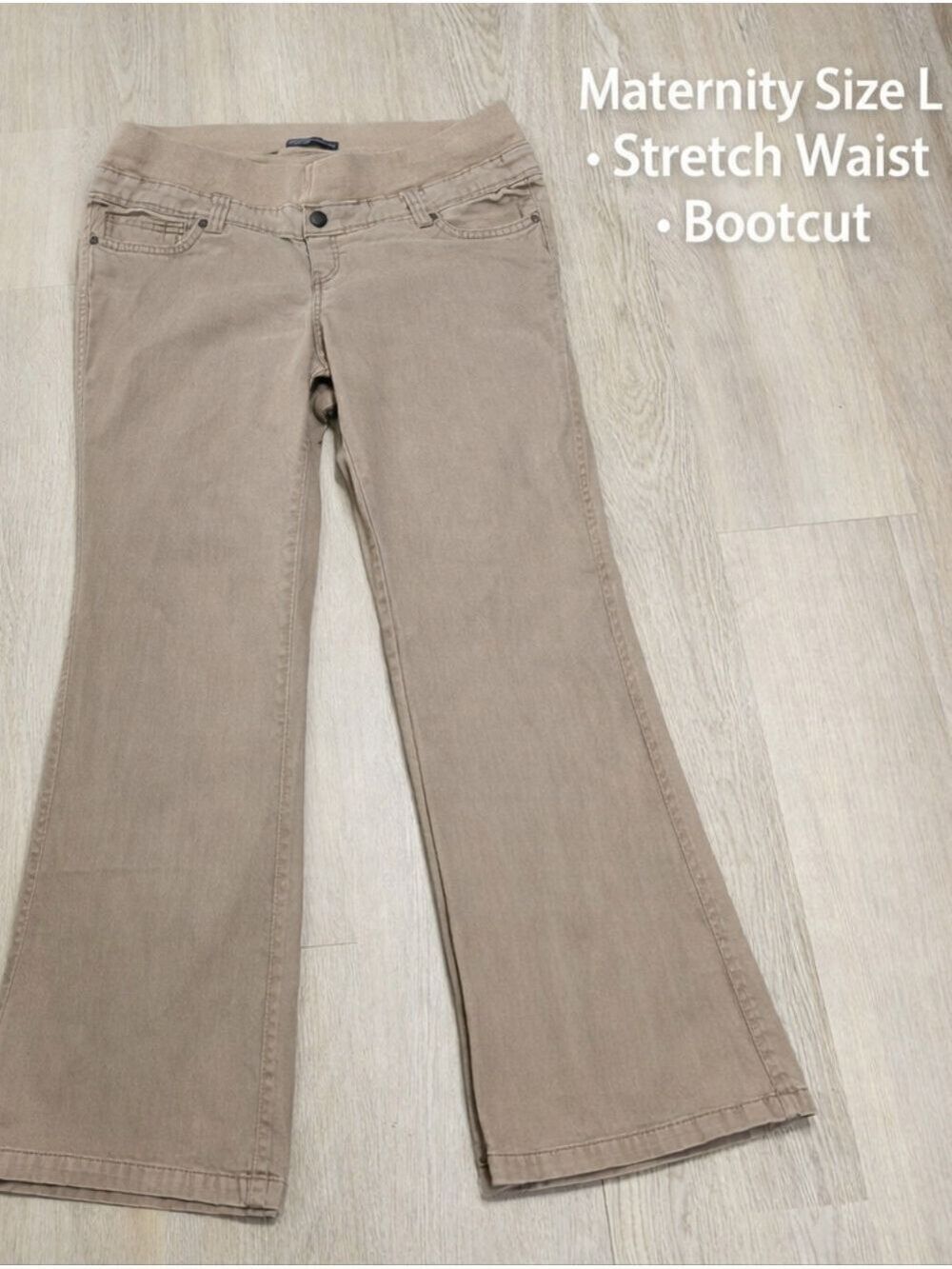 Thyme Maternity Bootcut Pants L Beige Khaki Stretch Cotton Pregnancy Work Casual